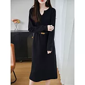 【MsMore】 時尚V領針織連身裙寬鬆配大衣顯瘦洋裝# 126891 FREE 黑色