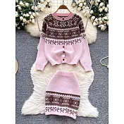 【MsMore】 甜美雪花針織小個子套裝長袖圓領毛衣+高腰短裙# 126893 FREE 玫紅色