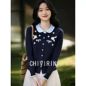 【MsMore】 娃娃領刺繡針織撞色法式假兩件針織上衣# 126894 FREE 藏青色