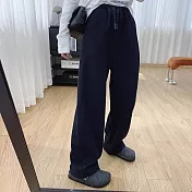 【MsMore】 厚暖顯瘦垂感彎刀褲寬鬆直筒香蕉鐮刀長褲# 126909 M 藍色