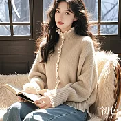 【初色】韓系蕾絲木耳邊珍珠排釦長袖針織毛衣女上衣-燕麥色-16947(F可選) F 燕麥色