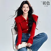 【初色】純色時髦大翻領單排釦長袖針織軟糯上衣女上衣-紅色-16924(M-2XL可選) F 紅色