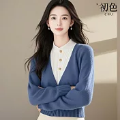 【初色】小香風氣質拼接撞色假兩件單排釦立領長袖內搭針織衫毛衣上衣女上衣-藍色-16983(F可選) F 藍色