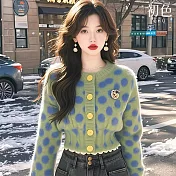 【初色】韓系撞色波點蕾絲邊收腰顯瘦短版圓領排釦長袖毛衣上衣女上衣-綠色-16976(F可選) F 綠色