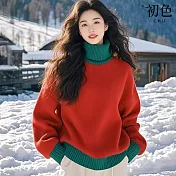 【初色】慵懶風拚色寬鬆高領落肩長袖保暖針織毛衣上衣女上衣-紅綠色-16981(F可選) F 紅綠色