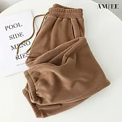 【AMIEE】文藝寬鬆加絨加厚運動休閒褲(KDPQ-911) M 咖色