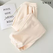 【AMIEE】文藝寬鬆加絨加厚運動休閒褲(KDPQ-911) M 杏米色