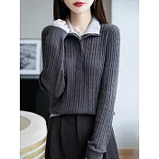 【MsMore】 半高領毛衣假兩件撞色針織衫簡約拼色上衣# 126947 FREE 灰色