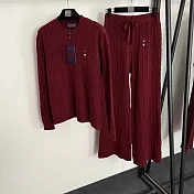 【MsMore】 氣質時尚針織2件式套裝馬球刺繡麻花針織毛衣+長褲# 126968 FREE 紅色