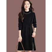 【MsMore】 羊毛感針織中長小個子配大衣毛衣釘珠洋裝# 126970 FREE 黑色