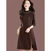 【MsMore】 羊毛感針織中長小個子配大衣毛衣釘珠洋裝# 126970 FREE 咖色