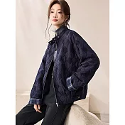 【MsMore】 菱格撞色袖口棉衣立領短款分割顯瘦保暖外套# 126928 M 藏青色