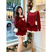 【MsMore】 蕾絲花邊甜美聖誕毛衣套裝加厚時尚短裙兩件式# 126934 FREE 紅色