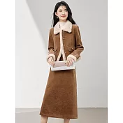 【MsMore】 兩件式燈芯絨加絨加厚毛領棉服時尚外套裙套裝# 126943 M 棕色