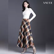 【AMIEE】韓版顯瘦毛呢A字半身裙(KDSQ-889) M 卡其色格子