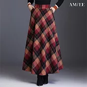 【AMIEE】韓版顯瘦毛呢A字半身裙(KDSQ-889) M 紅色格子