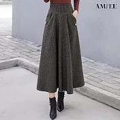 【AMIEE】高腰顯瘦格紋A字長裙(KDSQ-8189) M 咖啡格