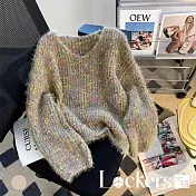 【Lockers 木櫃】慵懶風寬鬆V領短版彩色毛衣 L114121001 卡其色
