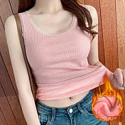 【AnZa】大尺碼 坑條紋蕾絲加絨加厚保暖背心(2色)      2XL 粉色