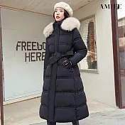 【AMIEE】韓系潮流羽絨棉長版外套(KDCQ-8801) M 黑色