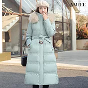 【AMIEE】韓系潮流羽絨棉長版外套(KDCQ-8801) M 豆綠