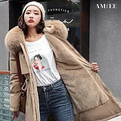 【AMIEE】韓版收腰毛毛領羽絨棉長版外套(KDCQ-2062) M 卡其