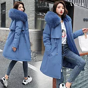 【AMIEE】韓版收腰毛毛領羽絨棉長版外套(KDCQ-2062) M 藍色