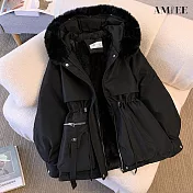 【AMIEE】百搭顯瘦中長版羽絨棉外套(KDCQ-2122) XL 黑色