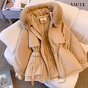 【AMIEE】百搭顯瘦中長版羽絨棉外套(KDCQ-2122) M 卡其