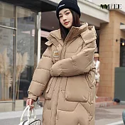 【AMIEE】韓系洋氣長版羽絨棉外套(KDCQ-2303) M 卡其