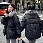 【AMIEE】寬鬆大翻領羽絨棉外套(KDCQ-816) M 黑色