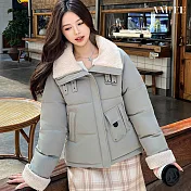 【AMIEE】率性翻領羊羔絨拼接羽絨棉外套(KDCQ-2587) M 灰色