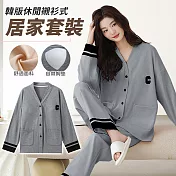 【EZlife】韓版休閒開扣長袖帶胸墊家居服二件套 M 灰色