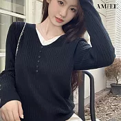 【AMIEE】無印風V領針織上衣(KDTQ-W09) FREE 黑色