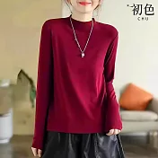 【初色】休閒風純色半高領長袖顯瘦打底衫內搭上衣女上衣-共6色-16823(M-4XL可選) M 酒紅色