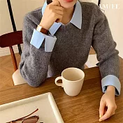 【AMIEE】日系百搭假兩件針織襯衫領上衣(KDTQ-199) FREE 灰色