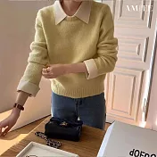 【AMIEE】日系百搭假兩件針織襯衫領上衣(KDTQ-199) FREE 黃色