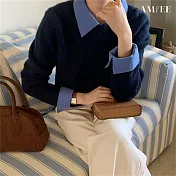 【AMIEE】日系百搭假兩件針織襯衫領上衣(KDTQ-199) FREE 深藍