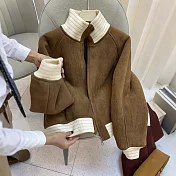 【MsMore】 美拉德咖色立領拼接拉鍊外套夾克# 127012 M 咖色