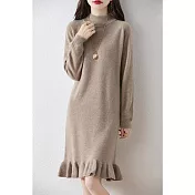 【MsMore】 荷葉邊中長款魚尾毛衣氣質搭大衣針織洋裝# 127018 FREE 棕色