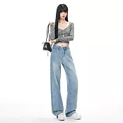 【MsMore】 厚絨超柔紗垂感闊腿牛仔褲寬鬆垂感長褲# 126986 M 藍色