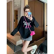 【MsMore】 點點狗印花長袖T恤寬鬆上衣# 126992 M 黑色