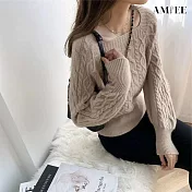 【AMIEE】日系百搭麻花方領針織毛衣(KDTQ-633) FREE 卡其