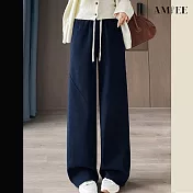 【AMIEE】垂墜感時尚修身加絨休閒闊腿褲(KDPQ-9475) M 藏青