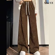 【AMIEE】垂墜感時尚修身加絨休閒闊腿褲(KDPQ-9475) M 咖啡