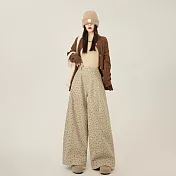 【MsMore】 毛呢西裝褲高腰寬鬆碎花印花彎刀長褲# 127001 S 杏色