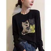 【MsMore】 手繪貓咪長袖T恤寬鬆印花上衣# 127004 M 黑色