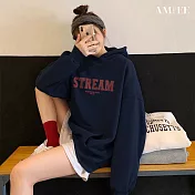 【AMIEE】潮流爆款休閒加絨加厚落肩帽T(KDTQ-7241) M 藏青