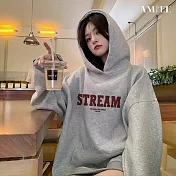 【AMIEE】潮流爆款休閒加絨加厚落肩帽T(KDTQ-7241) M 灰色