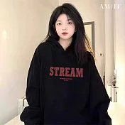 【AMIEE】潮流爆款休閒加絨加厚落肩帽T(KDTQ-7241) M 黑色